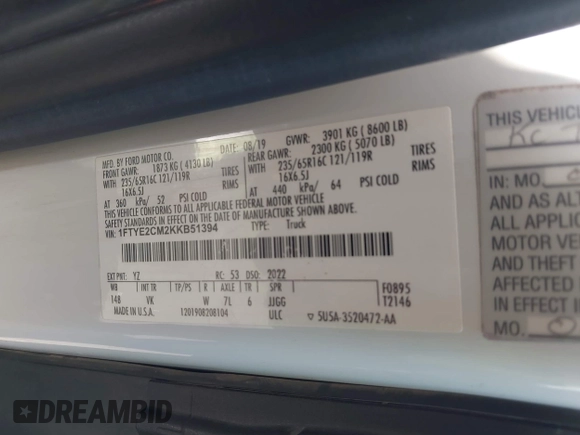 2019 Ford Transit with VIN 1FTYE2CM2KKB51394, listed as a IAAI auction lot 42758326 with 98,813 mi miles and . Bid and sale history available at DreamBid. Image 9.