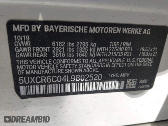 2020 BMW X5 xDrive40i with VIN 5UXCR6C04L9B02520, listed as a IAAI auction lot 41854137 with Not provided miles and . Bid and sale history available at DreamBid. Image 9.