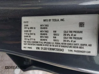 2022 Tesla Model 3 Long Range with VIN 5YJ3E1EB9NF206943, listed as a IAAI auction lot 41911040 with 69,920 mi miles and . Bid and sale history available at DreamBid. Image 9.