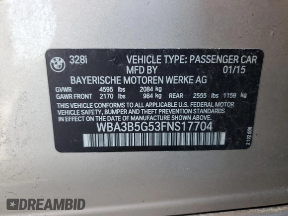 2015 BMW 3 Series 328i xDrive with VIN WBA3B5G53FNS17704, listed as a Copart auction lot 49691455 with 86,560 mi miles and Salvage Title. Bid and sale history available at carsss.com. Image 12.