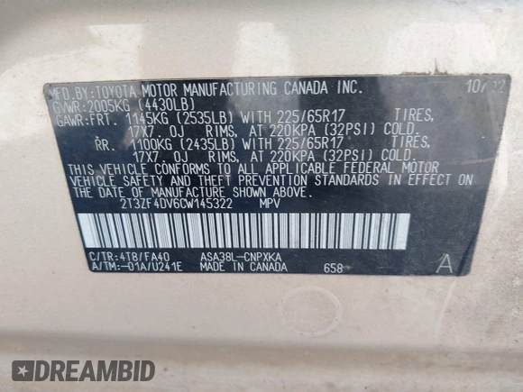 2012 Toyota RAV4 with VIN 2T3ZF4DV6CW145322, listed as a IAAI auction lot 41984631 with 181,965 mi miles. Bid and sale history available at carsss.com. Image 9.