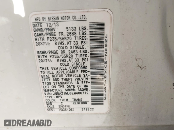 2014 Nissan Murano SL with VIN JN8AZ1MU6EW406712, listed as a IAAI auction lot 41248115 with 226,578 mi miles and . Bid and sale history available at carsss.com. Image 9.