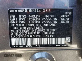 2021 Honda HR-V EX-L with VIN 3CZRU5H7XMM704598, listed as a Copart auction lot 41917455 with 23,637 mi miles and Salvage Title. Bid and sale history available at carsss.com. Image 13.