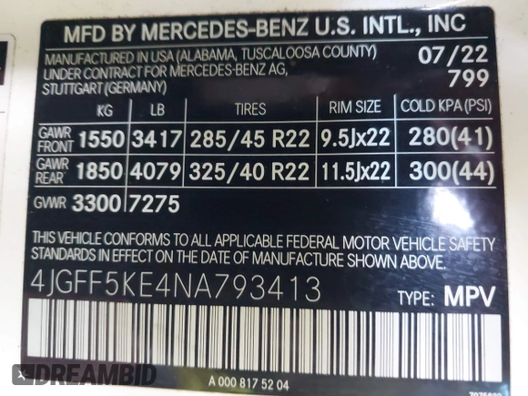 2022 Mercedes-Benz GLS with VIN 4JGFF5KE4NA793413, listed as a IAAI auction lot 41529276 with 29,692 mi miles. Bid and sale history available at carsss.com. Image 9.