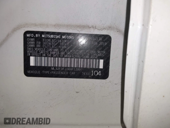 2019 Mitsubishi Mirage ES z VIN ML32F3FJ1KHF12997, wystawiony jako IAAI lot #42060181 z przebiegiem 89 393 mil mil oraz . Historia ofert i sprzedaży dostępna na DreamBid. Obrazek 9.
