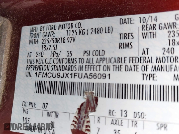 2015 Ford Escape Titanium with VIN 1FMCU9JX1FUA56091, listed as a IAAI auction lot 41947035 with 191,297 mi miles and . Bid and sale history available at DreamBid. Image 9.