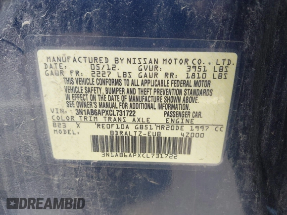 2012 Nissan Sentra 2.0 with VIN 3N1AB6APXCL731722, listed as a IAAI auction lot 42778794 with 189,493 mi miles and . Bid and sale history available at DreamBid. Image 9.