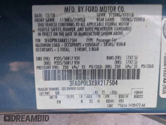 2011 Ford Fusion Hybrid with VIN 3FADP0L3XBR217504, listed as a IAAI auction lot 42633083 with 166,274 mi miles and . Bid and sale history available at DreamBid. Image 9.