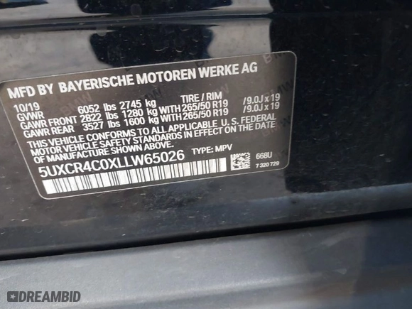 2020 BMW X5 sDrive40i with VIN 5UXCR4C0XLLW65026, listed as a IAAI auction lot 41048999 with 70,052 mi miles. Bid and sale history available at carsss.com. Image 9.