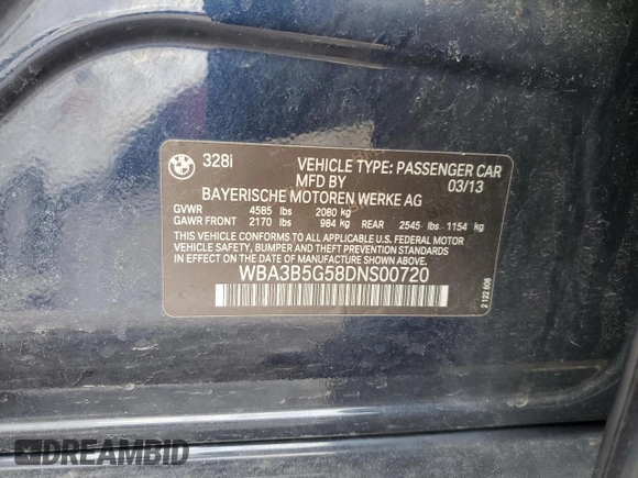 2013 BMW 3 Series 328i xDrive with VIN WBA3B5G58DNS00720, listed as a Copart auction lot 46904615 with 0 mi miles and Salvage Title. Bid and sale history available at carsss.com. Image 14.