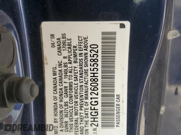 2008 Honda Civic Cpe LX with VIN 2HGFG12608H558520, listed as a Copart auction lot 53000085 with 340,170 mi miles and Salvage Title. Bid and sale history available at carsss.com. Image 12.