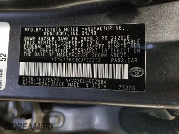 2019 Toyota Camry LE with VIN 4T1B11HK1KU733313, listed as a Copart auction lot 84187644 with 38,934 mi miles and Salvage Title. Bid and sale history available at carsss.com. Image 12.