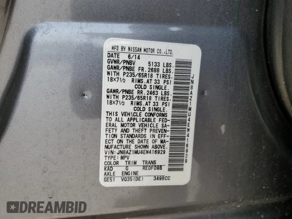 2014 Nissan Murano SV with VIN JN8AZ1MU4EW416929, listed as a Copart auction lot 71311544 with 101,946 mi miles and Salvage Title. Bid and sale history available at carsss.com. Image 13.