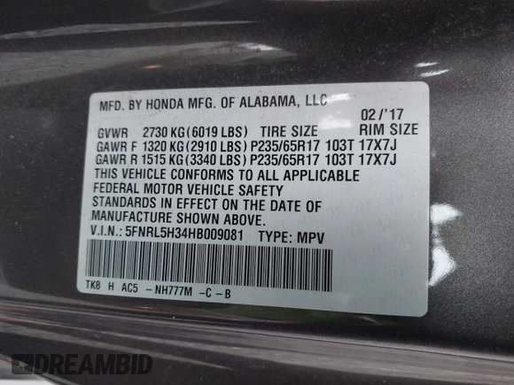 2017 Honda Odyssey SE with VIN 5FNRL5H34HB009081, listed as a IAAI auction lot 41701429 with 72,131 mi miles and . Bid and sale history available at carsss.com. Image 9.