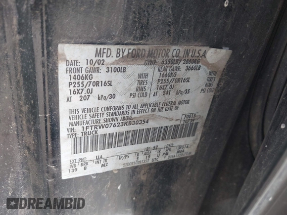 2003 Ford F-150 XLT with VIN 1FTRW07623KB30354, listed as a IAAI auction lot 41960766 with 366,800 mi miles. Bid and sale history available at carsss.com. Image 9.