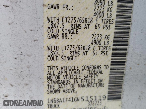 2016 Nissan Titan XD PRO-4X with VIN 1N6BA1F41GN515119, listed as a Copart auction lot 85419494 with 180,435 mi miles and Clean Title. Bid and sale history available at carsss.com. Image 12.
