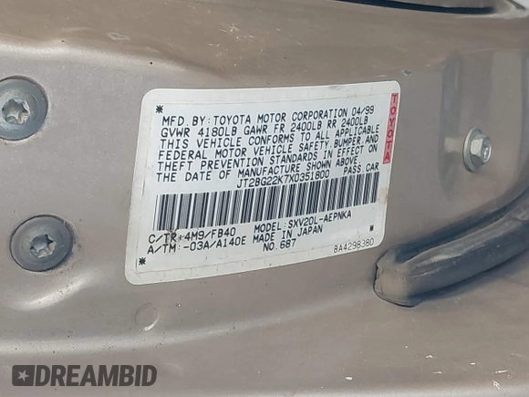 1999 Toyota Camry LE с VIN JT2BG22K7X0351800, выставлен на аукционе IAAI как лот 42216413 с пробегом 216 330 миль миль и . История ставок и продаж доступна на DreamBid. Изображение 9.