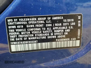 2016 Volkswagen Passat SEL Premium z VIN 1VWCS7A32GC022287, wystawiony jako Copart lot #57116525 z przebiegiem 71 309 mil mil oraz Szkoda całkowita • Salvage title. Historia ofert i sprzedaży dostępna na DreamBid. Obrazek 12.