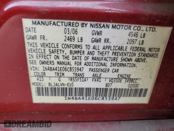 2006 Nissan Maxima 3.5 SE with VIN 1N4BA41E06C855947, listed as a Copart auction lot 71431694 with 206,584 mi miles and Salvage Title. Bid and sale history available at carsss.com. Image 14.