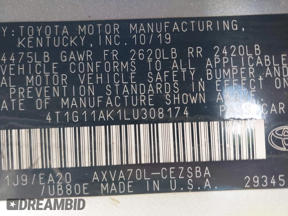 2020 Toyota Camry SE z VIN 4T1G11AK1LU308174, wystawiony jako IAAI lot #41675204 z przebiegiem 120 034 mil mil oraz . Historia ofert i sprzedaży dostępna na DreamBid. Obrazek 9.