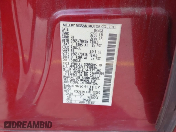 2008 Nissan Frontier SE z VIN 1N6AD07U78C441617, wystawiony jako IAAI lot #42146120 z przebiegiem 161 303 mil mil oraz . Historia ofert i sprzedaży dostępna na DreamBid. Obrazek 9.