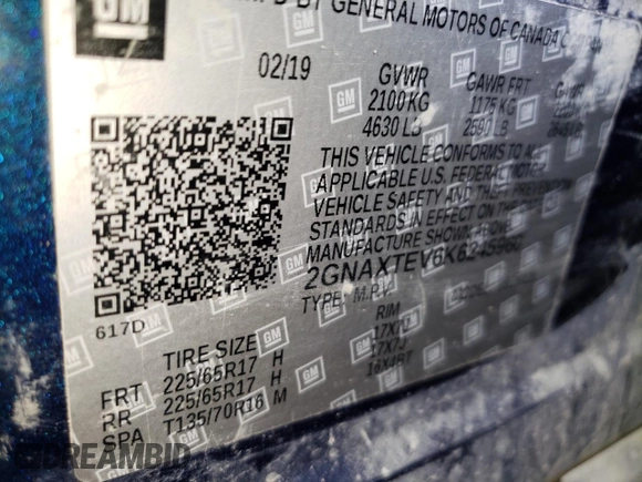 2019 Chevrolet Equinox LT z VIN 2GNAXTEV6K6245960, wystawiony jako Copart lot #58990825 z przebiegiem Nie podano mil oraz Czysty tytuł • Clean title. Historia ofert i sprzedaży dostępna na DreamBid. Obrazek 13.