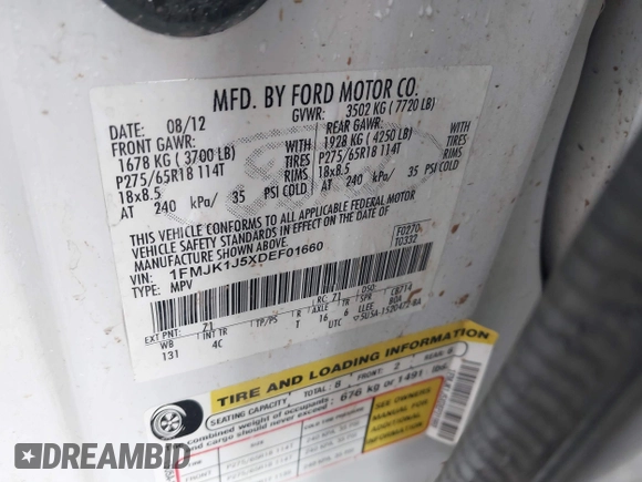 2013 Ford Expedition Max XLT with VIN 1FMJK1J5XDEF01660, listed as a IAAI auction lot 41895347 with 145,632 mi miles and . Bid and sale history available at DreamBid. Image 9.