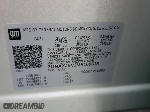 2021 Chevrolet Equinox LT with VIN 3GNAXJEV2MS160638, listed as a Copart auction lot 58692525 with 153,441 mi miles and Clean title. Bid and sale history available at DreamBid. Image 12.