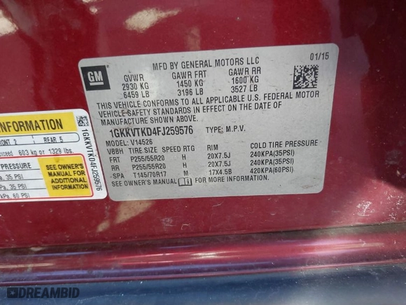 2015 GMC Acadia Denali with VIN 1GKKVTKD4FJ259576, listed as a IAAI auction lot 41747742 with 187,930 mi miles. Bid and sale history available at carsss.com. Image 9.