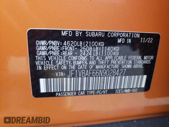 2022 Subaru WRX Premium с VIN JF1VBAF66N9028427, выставлен на аукционе Copart как лот 58225745 с пробегом 43 551 миль миль и Списание • Salvage title. История ставок и продаж доступна на DreamBid. Изображение 12.