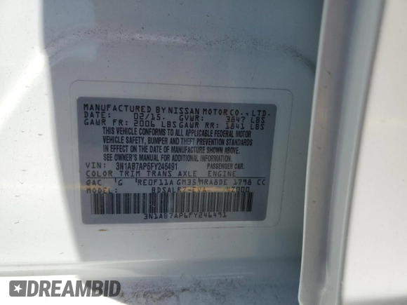 2015 Nissan Sentra SV z VIN 3N1AB7AP6FY246491, wystawiony jako Copart lot #58740105 z przebiegiem 100 760 mil mil oraz Czysty tytuł • Clean title. Historia ofert i sprzedaży dostępna na DreamBid. Obrazek 12.
