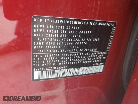 2018 Volkswagen Tiguan SEL with VIN 3VV3B7AXXJM009686, listed as a Copart auction lot 58838695 with 94,593 mi miles and Salvage title. Bid and sale history available at DreamBid. Image 12.