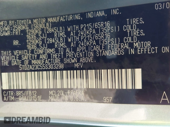 2005 Toyota Sienna CE with VIN 5TDZA23C55S303298, listed as a IAAI auction lot 42580654 with Not provided miles and . Bid and sale history available at DreamBid. Image 9.