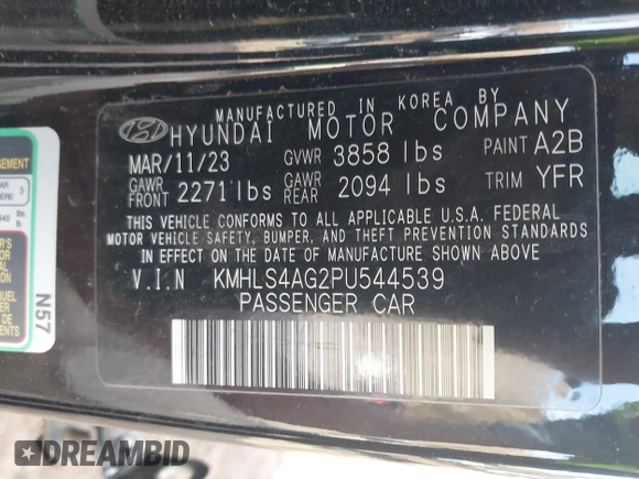 2023 Hyundai Elantra SEL z VIN KMHLS4AG2PU544539, wystawiony jako IAAI lot #41614190 z przebiegiem 4 128 mil mil oraz . Historia ofert i sprzedaży dostępna na DreamBid. Obrazek 9.
