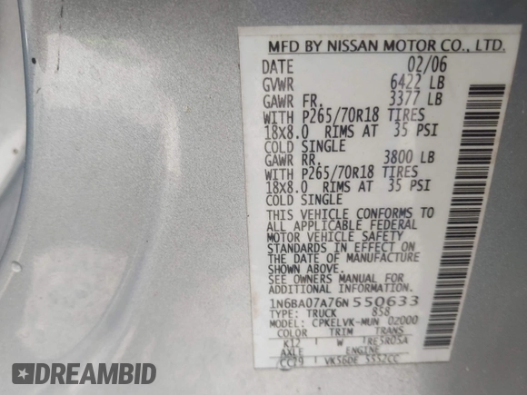 2006 Nissan Titan LE with VIN 1N6BA07A76N550633, listed as a IAAI auction lot 41894406 with Not Provided miles and . Bid and sale history available at DreamBid. Image 9.