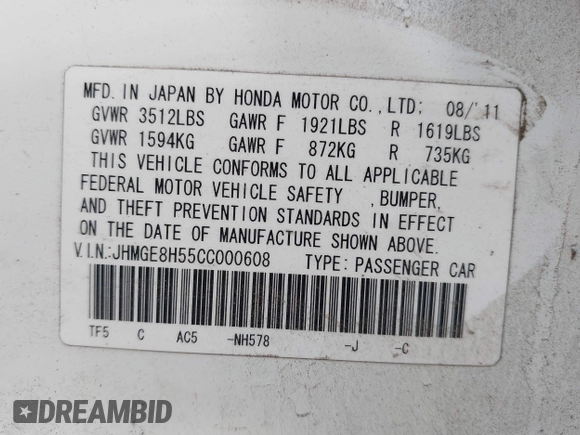 2012 Honda Fit Sport with VIN JHMGE8H55CC000608, listed as a IAAI auction lot 42025275 with 111,621 mi miles. Bid and sale history available at carsss.com. Image 9.