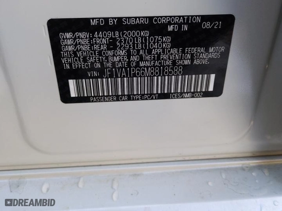 2021 Subaru WRX Limited with VIN JF1VA1P66M8818588, listed as a Copart auction lot 84885354 with 33,193 mi miles and Salvage Title. Bid and sale history available at carsss.com. Image 13.