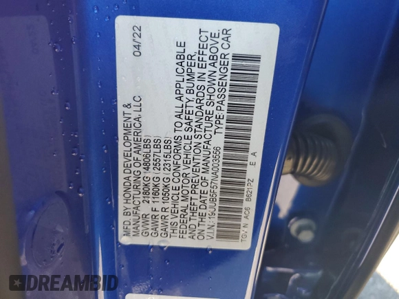 2022 Acura TLX w/A-Spec Package with VIN 19UUB5F57NA003556, listed as a Copart auction lot 82908574 with 2,266 mi miles and Non repairable. Bid and sale history available at DreamBid. Image 12.