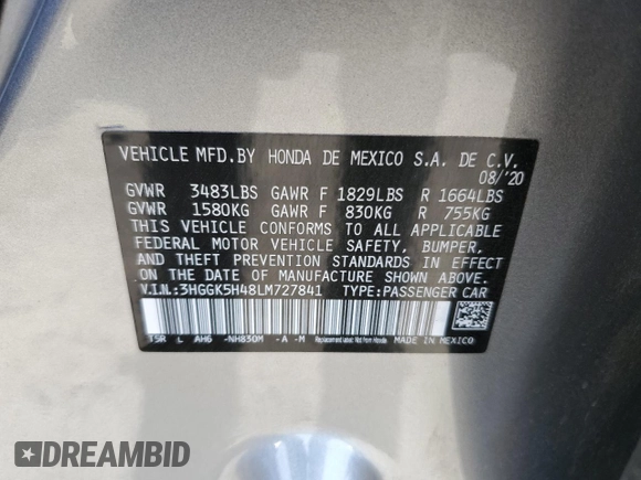 2020 Honda Fit LX with VIN 3HGGK5H48LM727841, listed as a Copart auction lot 58855205 with 181,218 mi miles and Salvage title. Bid and sale history available at DreamBid. Image 13.