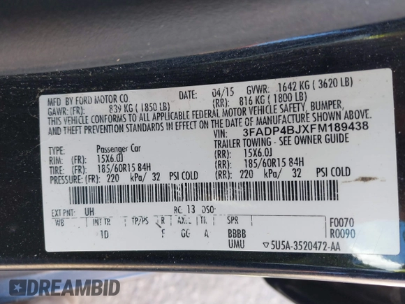 2015 Ford Fiesta SE with VIN 3FADP4BJXFM189438, listed as a IAAI auction lot 40535245 with 102,013 mi miles. Bid and sale history available at carsss.com. Image 9.