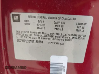 2008 Pontiac Grand Prix z VIN 2G2WP552181130550, wystawiony jako IAAI lot #42312944 z przebiegiem 156 258 mil mil oraz . Historia ofert i sprzedaży dostępna na DreamBid. Obrazek 9.