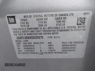 2012 GMC Terrain SLT-1 with VIN 2GKFLVEKXC6225275, listed as a IAAI auction lot 41920395 with 135,144 mi miles. Bid and sale history available at carsss.com. Image 9.