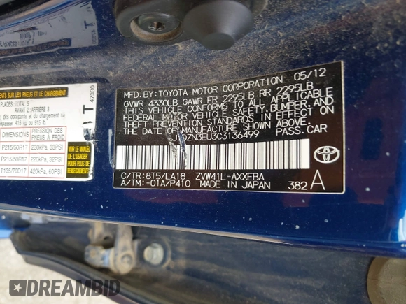 2012 Toyota Prius Two with VIN JTDZN3EU3C3136499, listed as a IAAI auction lot 42210448 with 222,682 mi miles and . Bid and sale history available at DreamBid. Image 9.