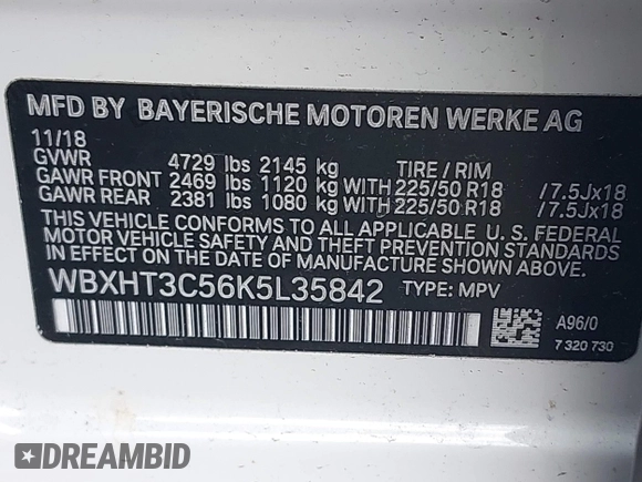 2019 BMW X1 xDrive28i with VIN WBXHT3C56K5L35842, listed as a IAAI auction lot 41981409 with 54,325 mi miles. Bid and sale history available at carsss.com. Image 9.
