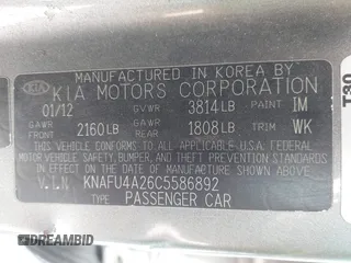 2012 Kia Forte EX with VIN KNAFU4A26C5586892, listed as a IAAI auction lot 41955870 with 170,364 mi miles. Bid and sale history available at carsss.com. Image 9.