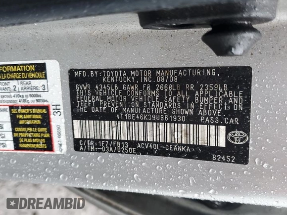 2009 Toyota Camry with VIN 4T1BE46K39U861930, listed as a Copart auction lot 56070825 with 127,544 mi miles and Clean Title. Bid and sale history available at DreamBid. Image 12.
