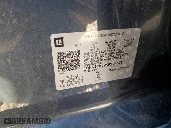 2019 GMC Yukon Denali with VIN 1GKS1CKJ9KR134571, listed as a Copart auction lot 73275664 with 50,853 mi miles and Salvage Title. Bid and sale history available at carsss.com. Image 13.