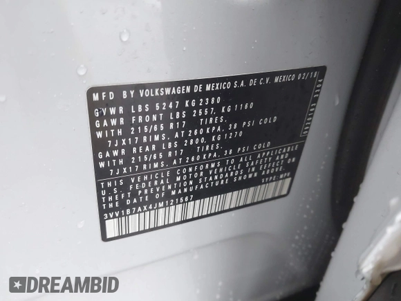 2018 Volkswagen Tiguan S z VIN 3VV1B7AX4JM121567, wystawiony jako IAAI lot #41581113 z przebiegiem Nie podano mil oraz . Historia ofert i sprzedaży dostępna na DreamBid. Obrazek 9.
