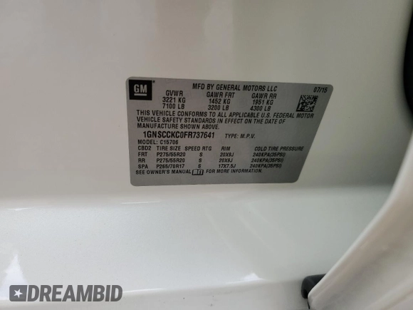 2015 Chevrolet Tahoe LTZ z VIN 1GNSCCKC0FR737641, wystawiony jako Copart lot #59797095 z przebiegiem 85 932 mil mil oraz Szkoda całkowita • Salvage title. Historia ofert i sprzedaży dostępna na DreamBid. Obrazek 13.