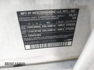 2001 Mercedes-Benz M 320/430/500 with VIN 4JGAB54E11A277233, listed as a IAAI auction lot 42519040 with 307,219 mi miles and . Bid and sale history available at DreamBid. Image 9.